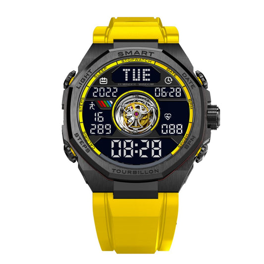 Noxbridge Smart Tourbillon Skyway men's watch with yellow strap, black case, and digital display featuring visible tourbillon