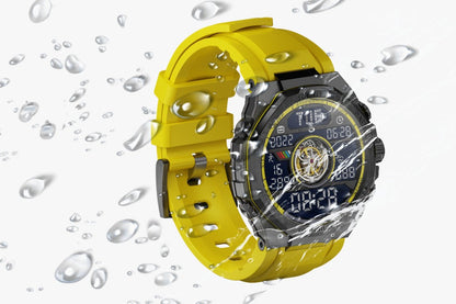 Noxbridge Skyway watch at angle showing yellow perforated strap and black case with water droplets