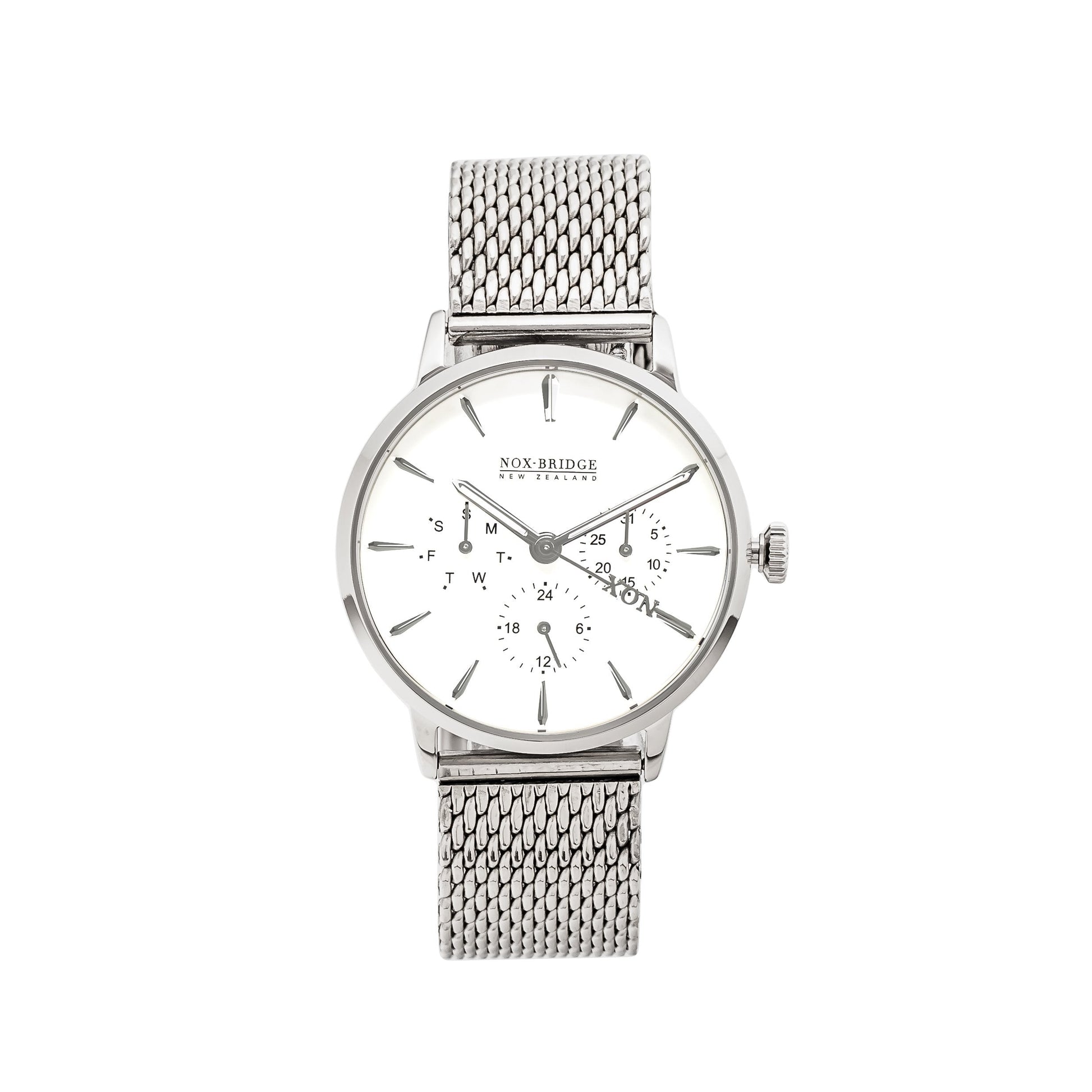 Noxbridge Supreme Pegasus silver watch with white dial and mesh bracelet
