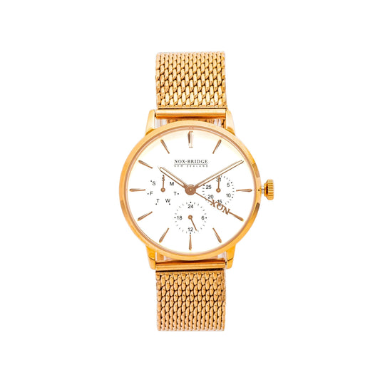 Noxbridge Supreme Phoenix rose gold 36mm watch with mesh strap and white dial featuring chronograph subdials
