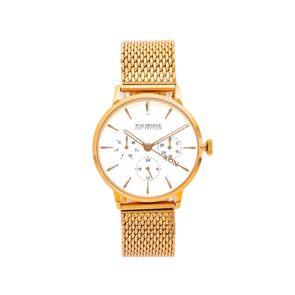 Noxbridge Supreme Phoenix rose gold 36mm watch with mesh strap and white dial featuring chronograph subdials