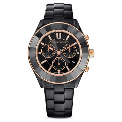 Swarovski Octea Lux Sport Faceted Crystal Bezel Black Dial Black PVD Unisex Watch 5610472