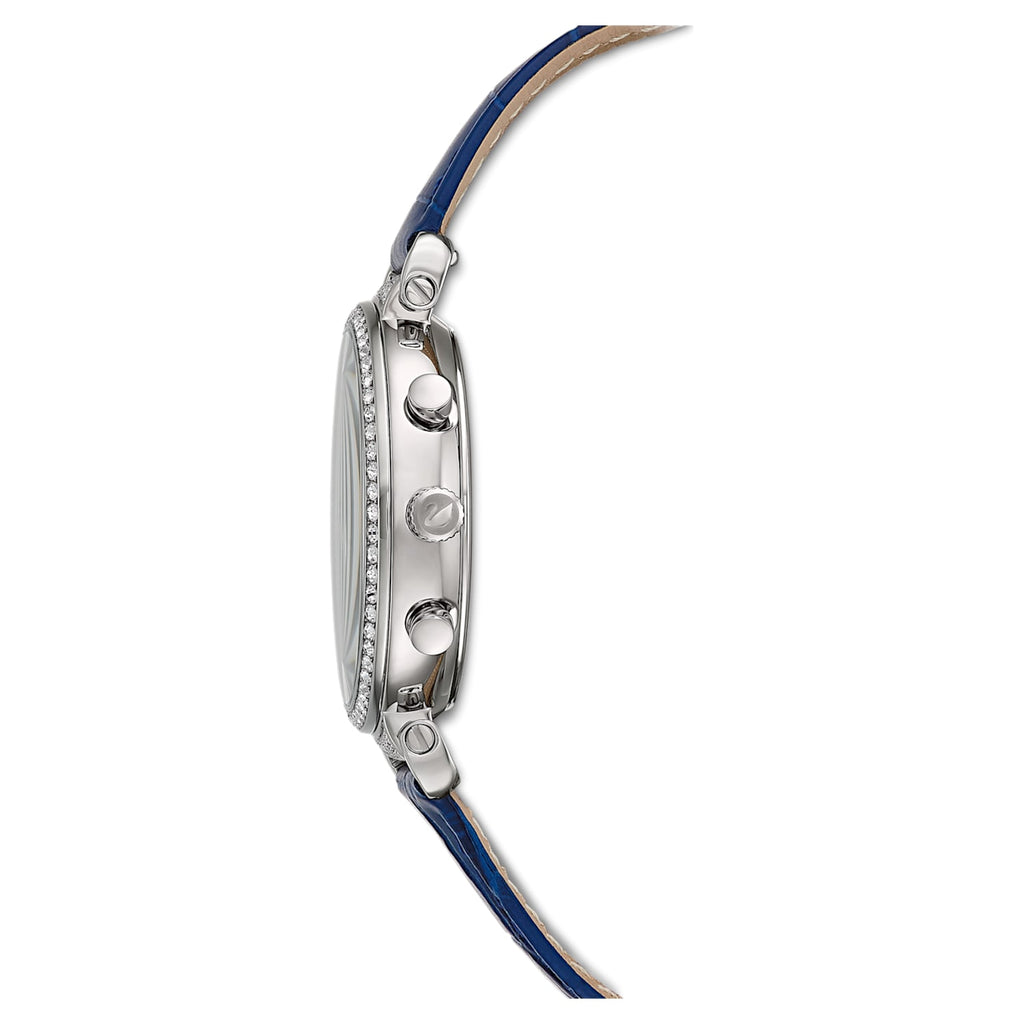 Swarovski Passage Chrono Crystal Cupchain Bezel Navy Dial Blue Leather Women's Watch 5580342