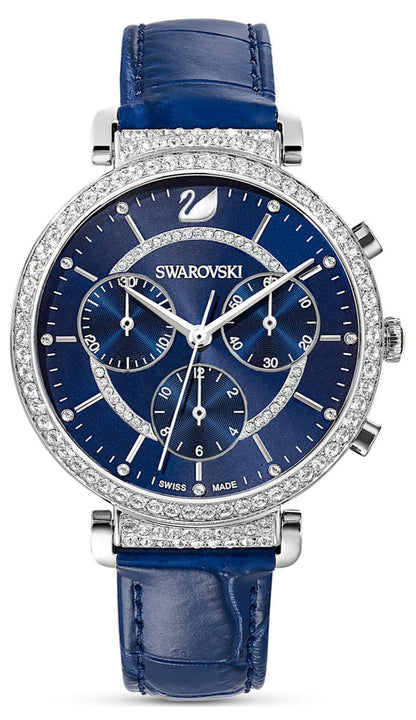 Swarovski Passage Chrono Crystal Cupchain Bezel Navy Dial Blue Leather Women's Watch 5580342