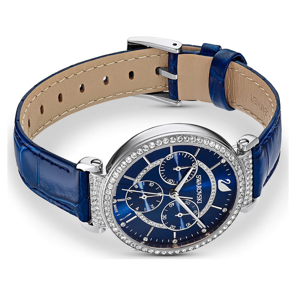 Swarovski Passage Chrono Crystal Cupchain Bezel Navy Dial Blue Leather Women's Watch 5580342