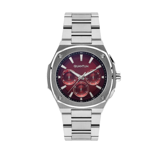 Quantum multifunction watch with red chronograph dial and silver steel bracelet
