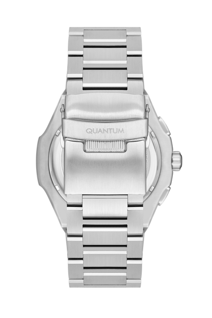 Top view of Quantum silver steel watch with multifunction case and metal bracelet