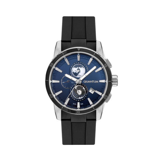 Quantum Dual Time World Watch ADG991.391 with blue dial and black silicone strap