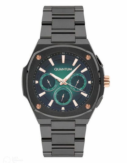 Quantum Chronograph gunmetal watch with multi-dial chronograph face and stainless steel strap