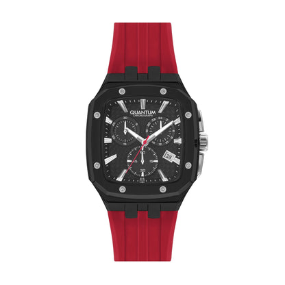 Quantum chronograph square watch with black dial and red rubber strap