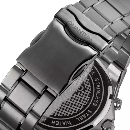 Case back detail of Quantum watch showing engraved logo and text