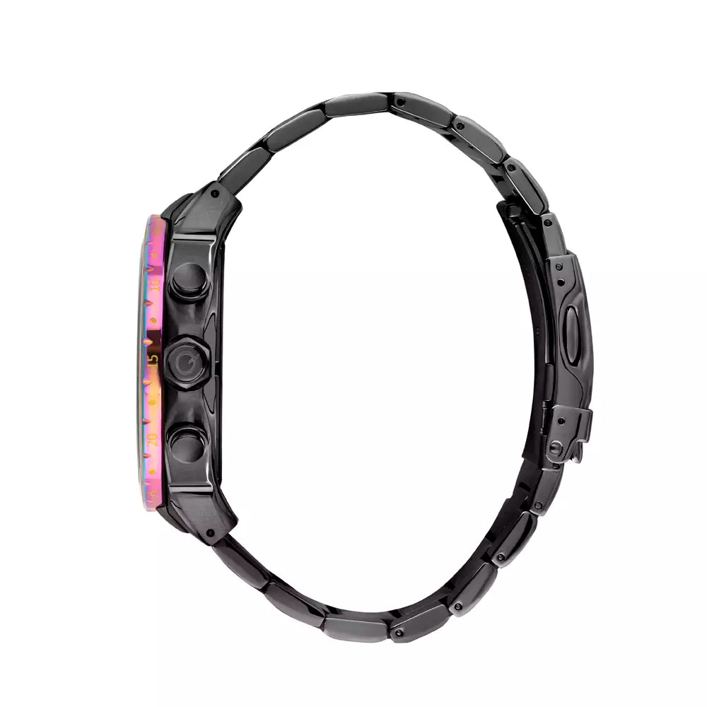 Side profile of Quantum All Black watch showing iridescent bezel and metal bracelet
