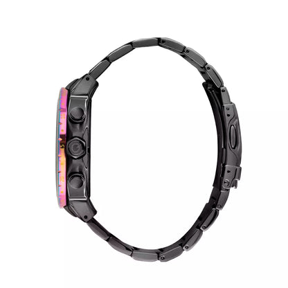 Side profile of Quantum All Black watch showing iridescent bezel and metal bracelet