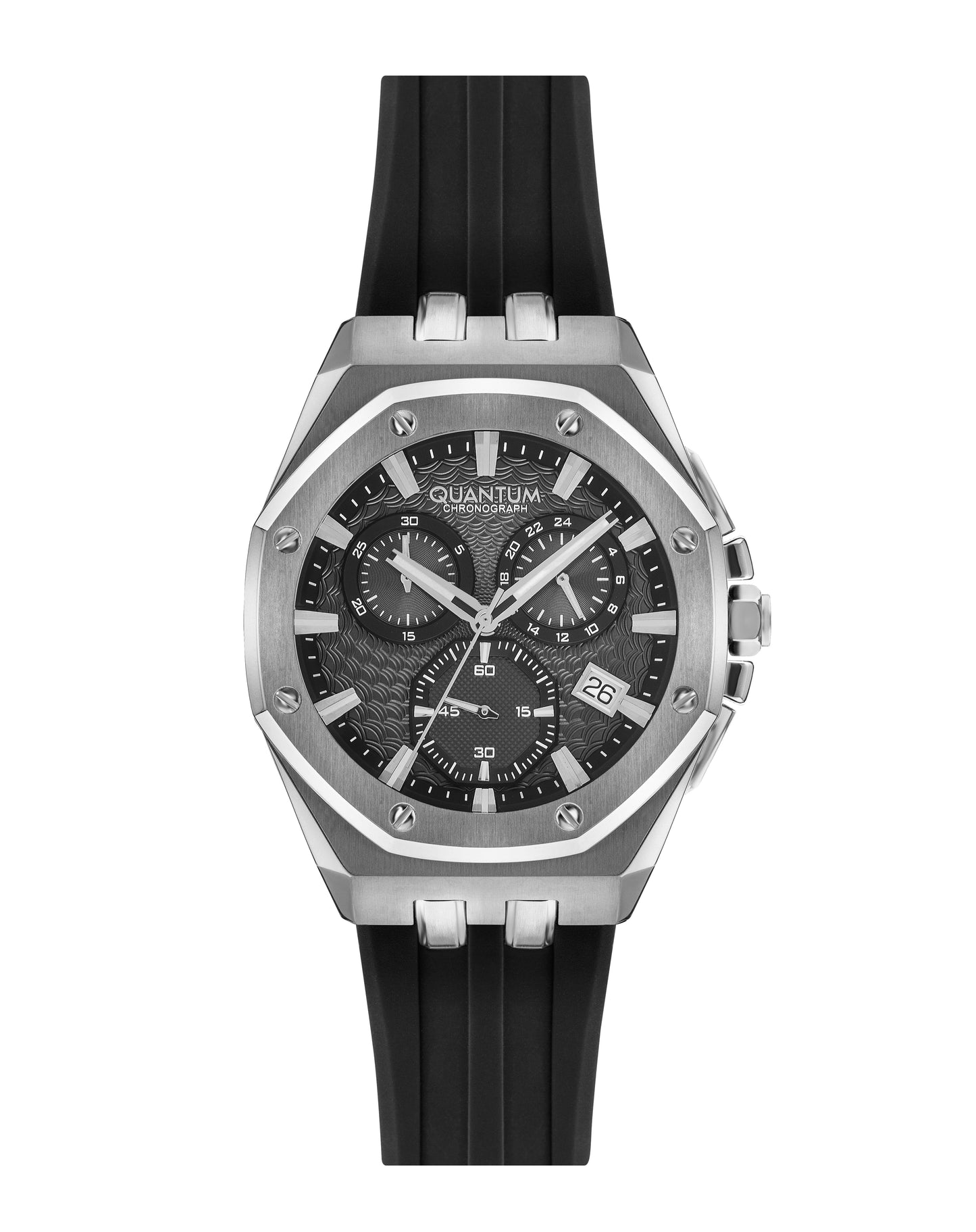 Quantum Multifunction Black Dial Chronograph Watch with Black Silicone Strap