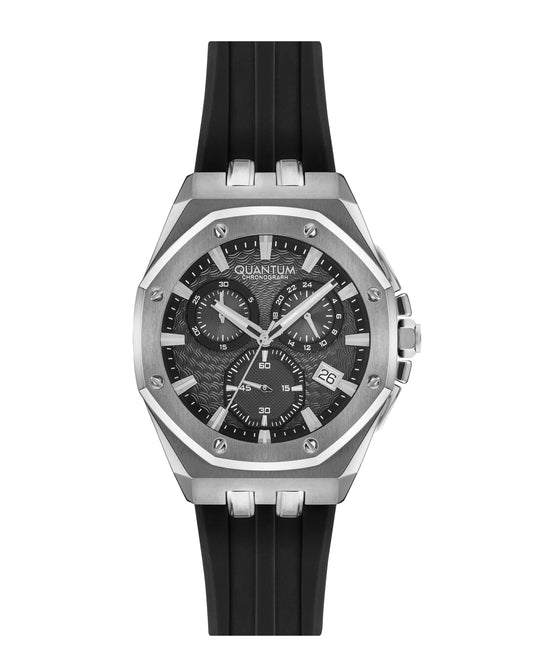 Quantum Multifunction Black Dial Chronograph Watch with Black Silicone Strap