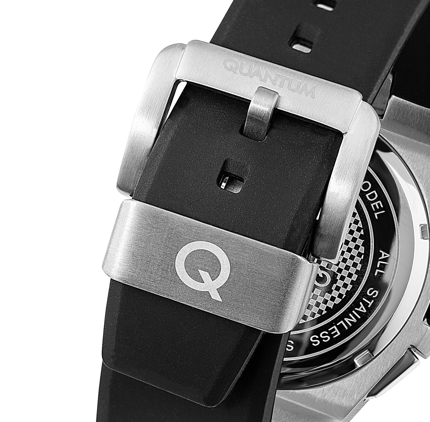 Quantum watch strap detail showing black silicone band with stainless steel buckle