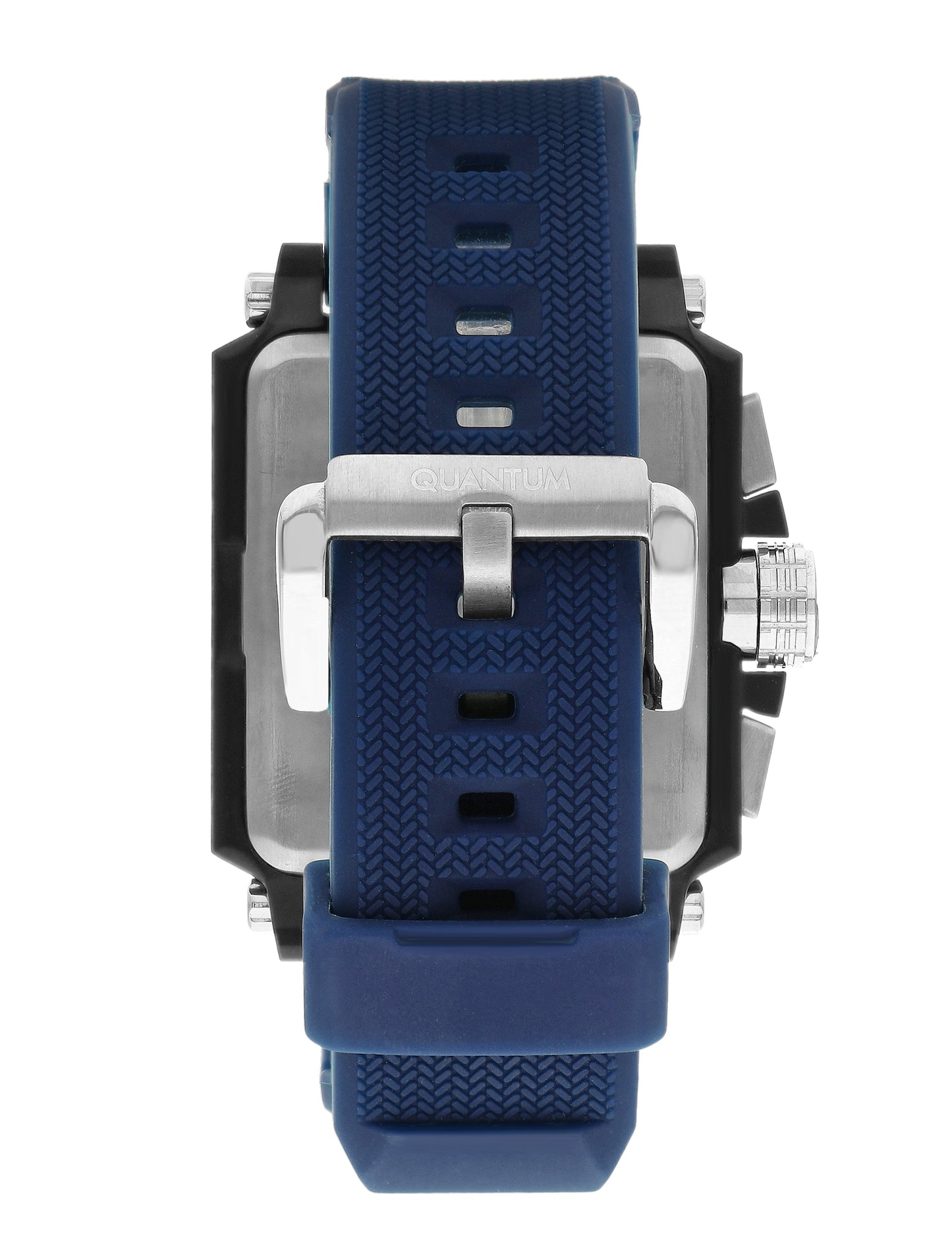Blue silicone strap with textured finish and metal buckle clasp on Quantum HNG969 watch