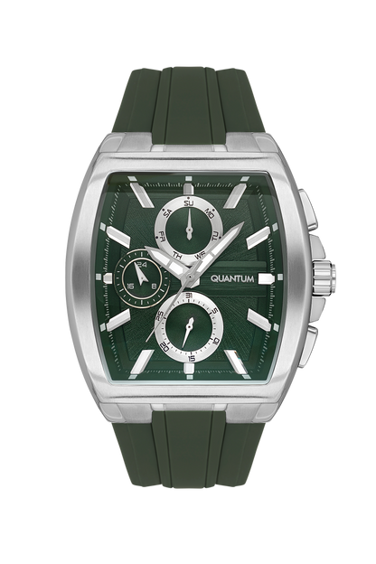 Quantum green chronograph watch with silver case and green silicone strap, front view