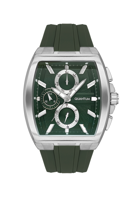 Quantum green chronograph watch with silver case and green silicone strap, front view