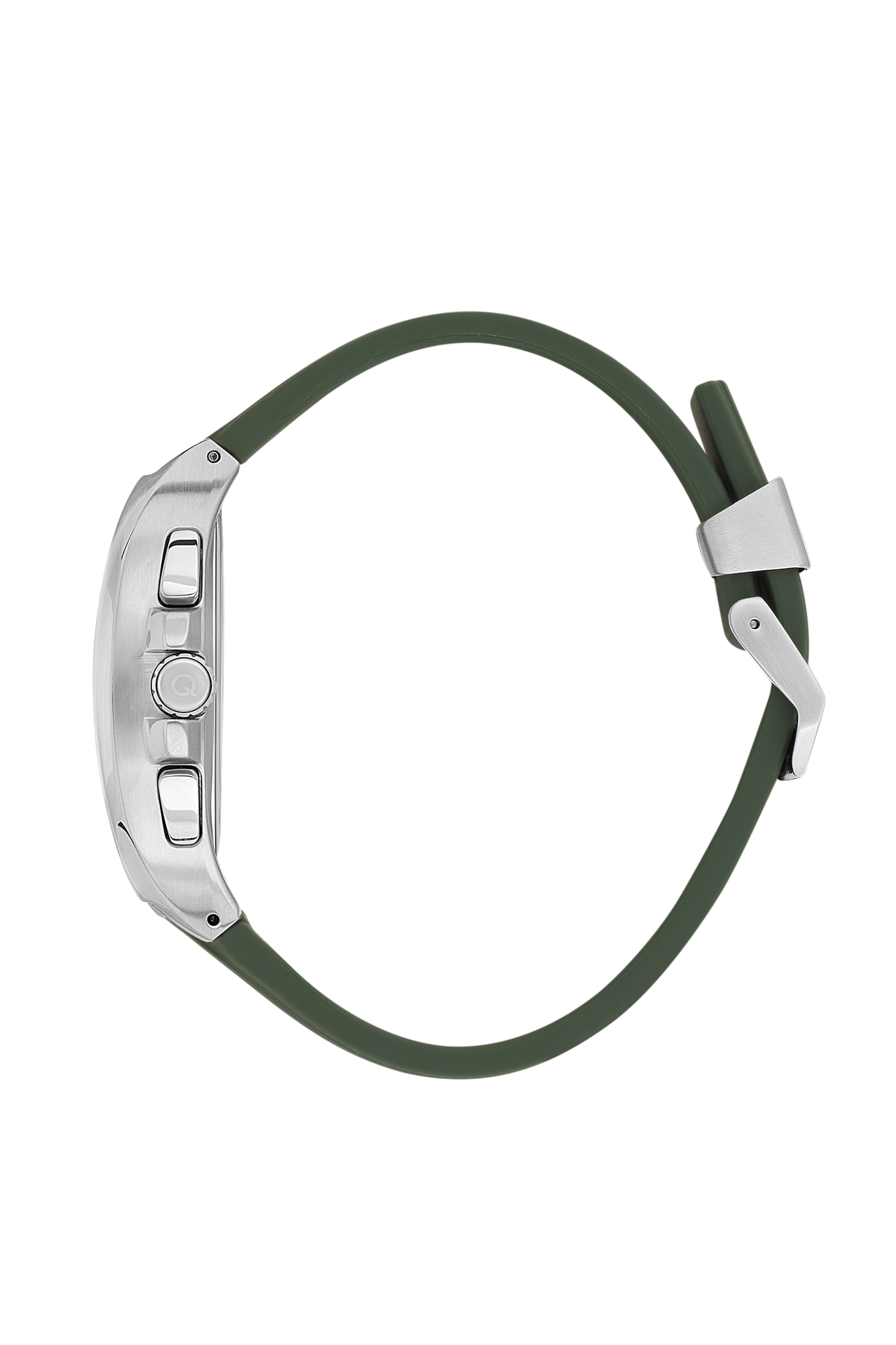 Quantum chronograph watch side profile showing silver case thickness and green strap