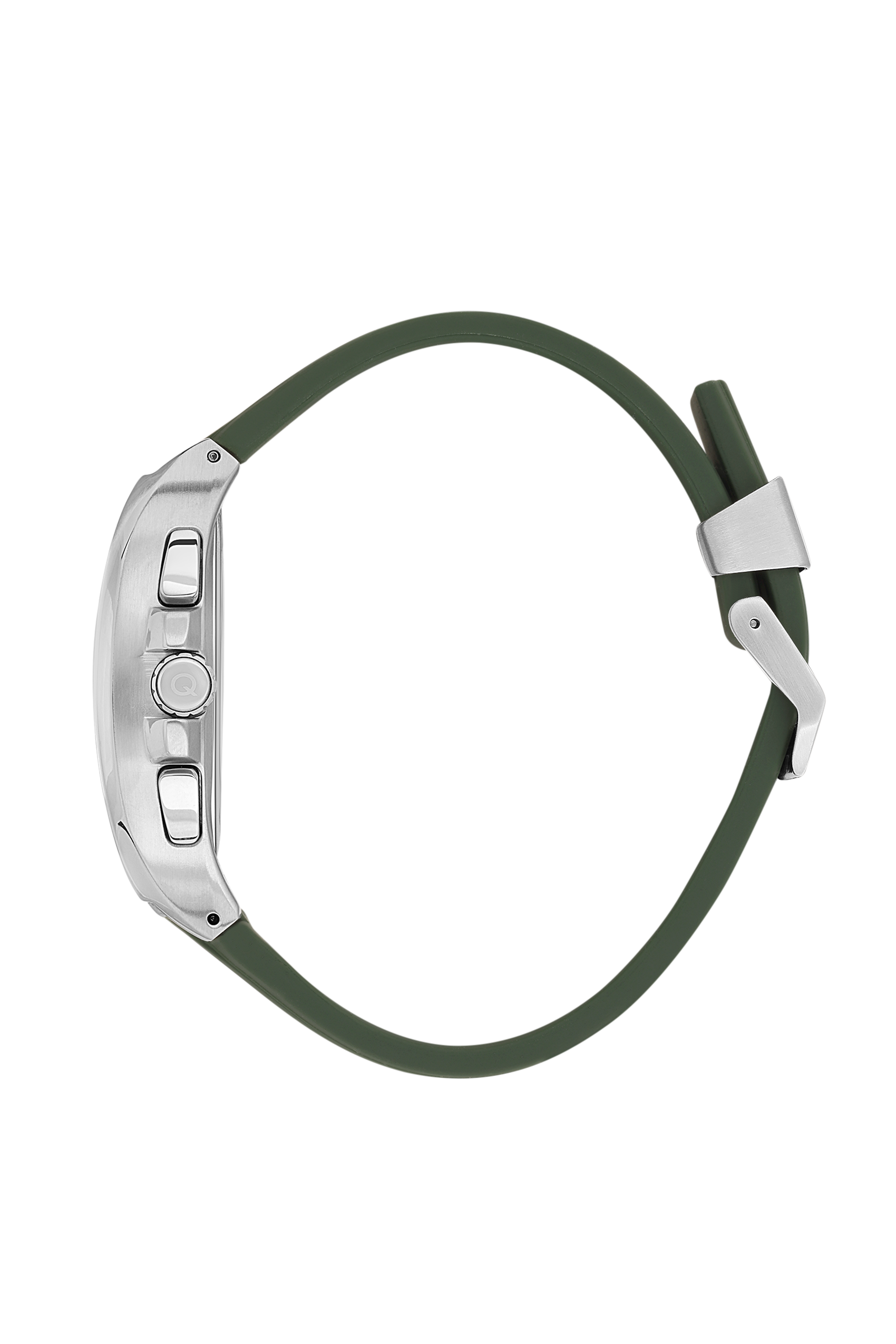 Quantum chronograph watch side profile showing silver case thickness and green strap