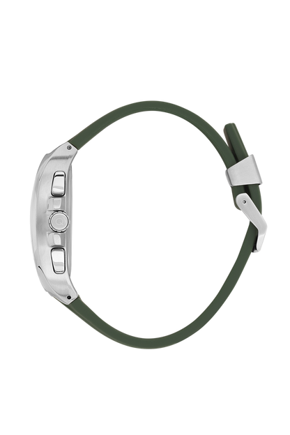 Quantum chronograph watch side profile showing silver case thickness and green strap