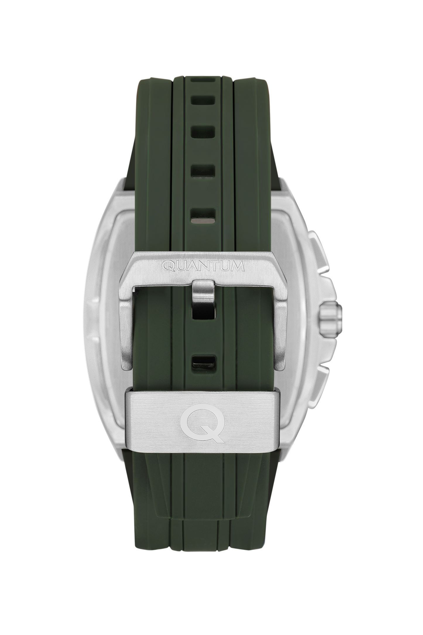 Quantum watch green silicone strap with silver case clasp detail