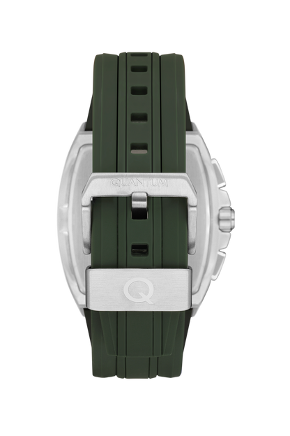 Quantum watch green silicone strap with silver case clasp detail