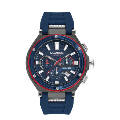 Quantum Hunter HNG1010.099 dark blue chronograph watch with gunmetal case and red bezel