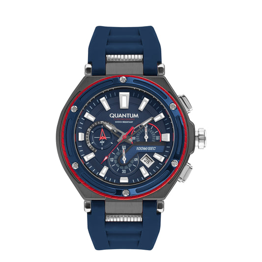 Quantum Hunter HNG1010.099 dark blue chronograph watch with gunmetal case and red bezel