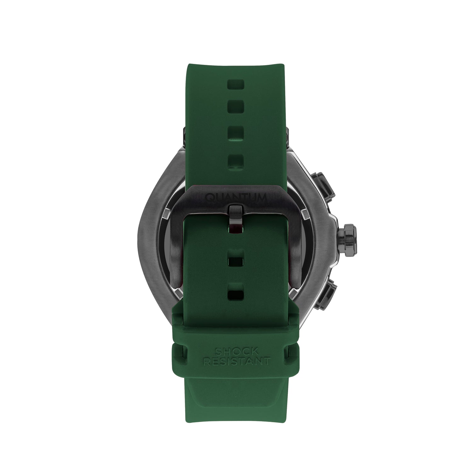 Quantum Hunter watch caseback showing green silicone strap attachment and gray case