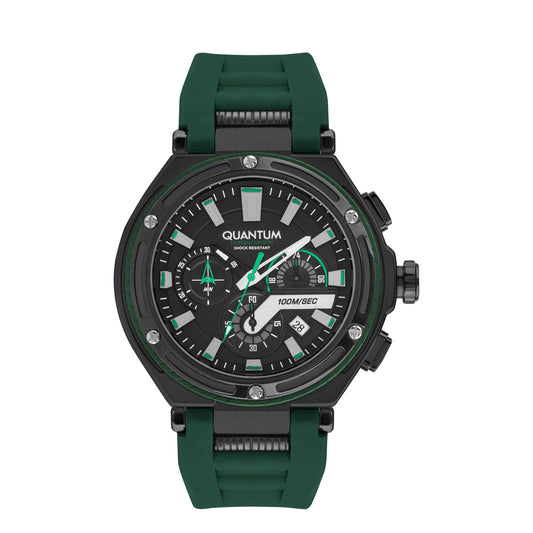 Quantum Hunter chronograph watch with black dial, green silicone strap, and date window