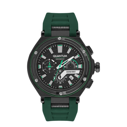 Quantum Hunter chronograph watch with black dial, green silicone strap, and date window