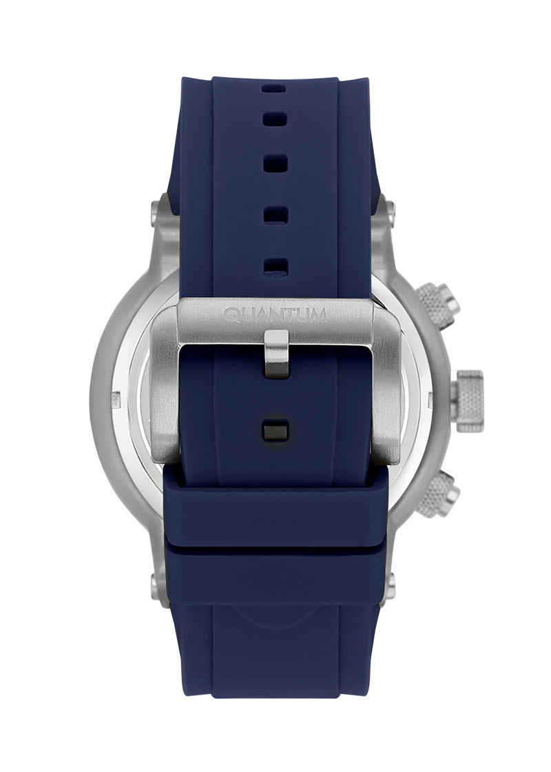 Quantum Hunter watch caseback view with dark blue rubber strap
