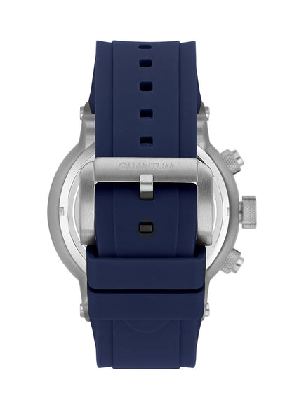 Quantum Hunter watch caseback view with dark blue rubber strap