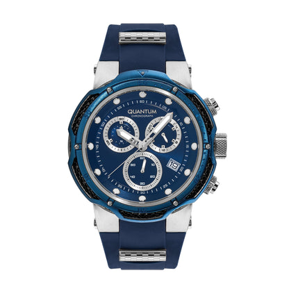 Quantum Hunter dark blue dial chronograph watch with three subdials and date window