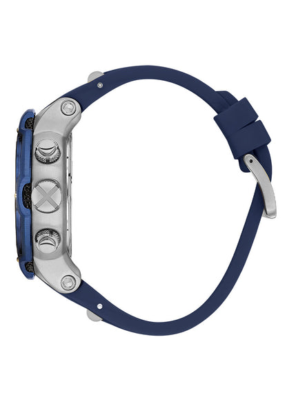 Quantum Hunter chronograph watch side view showing stainless steel case and dark blue rubber strap