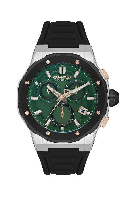 Quantum Hunter chronograph watch with green dial, black rubber strap, and silver case