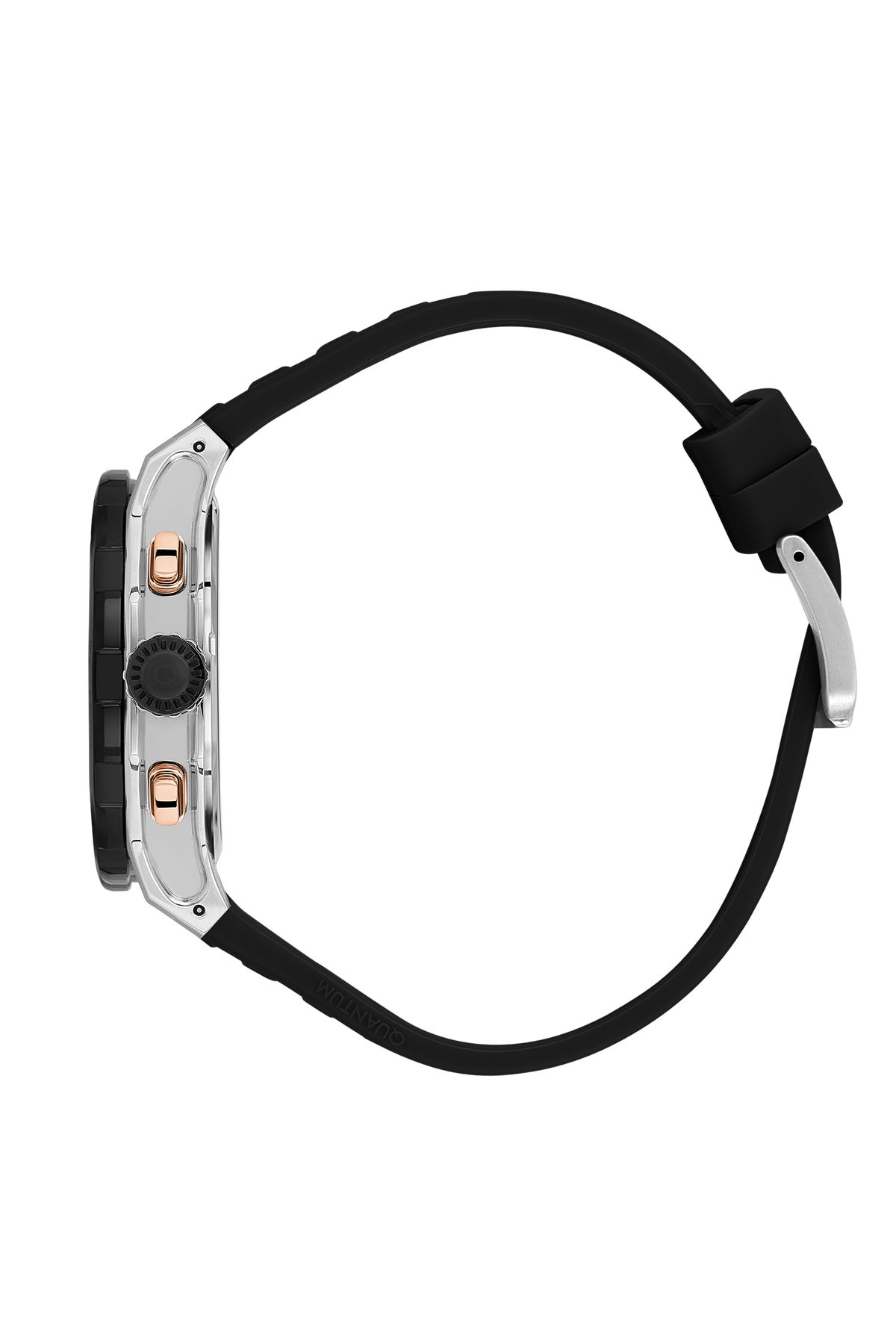 Quantum Hunter chronograph watch side view showing black rubber strap and stainless steel case