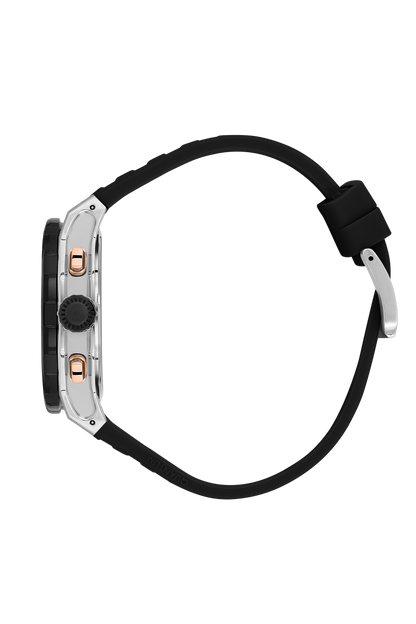 Quantum Hunter chronograph watch side view showing black rubber strap and stainless steel case