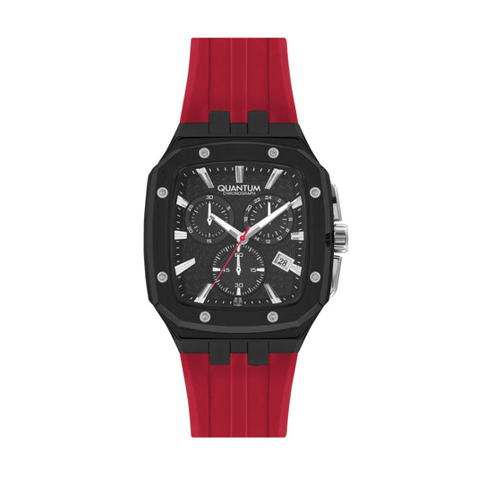 Quantum Chronograph Black Dial Red Strap Square Watch HNG1033.658