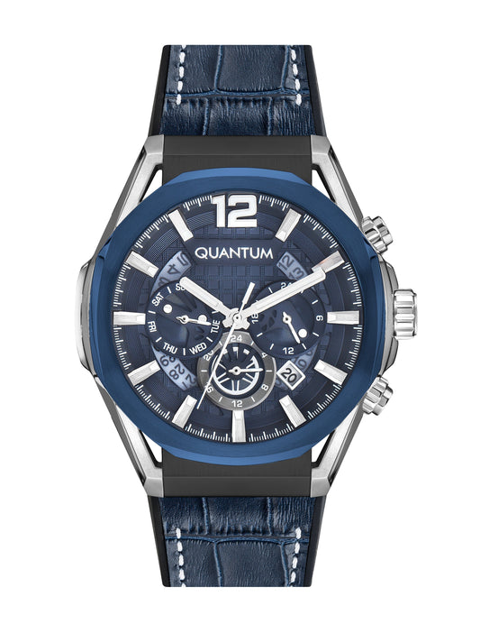 Quantum Powertech Blue Dial Blue Leather Chronograph Silver Case Watch PWG970.699