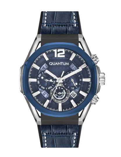 Quantum Powertech blue dial chronograph watch with silver case, blue leather strap, and visible subdials