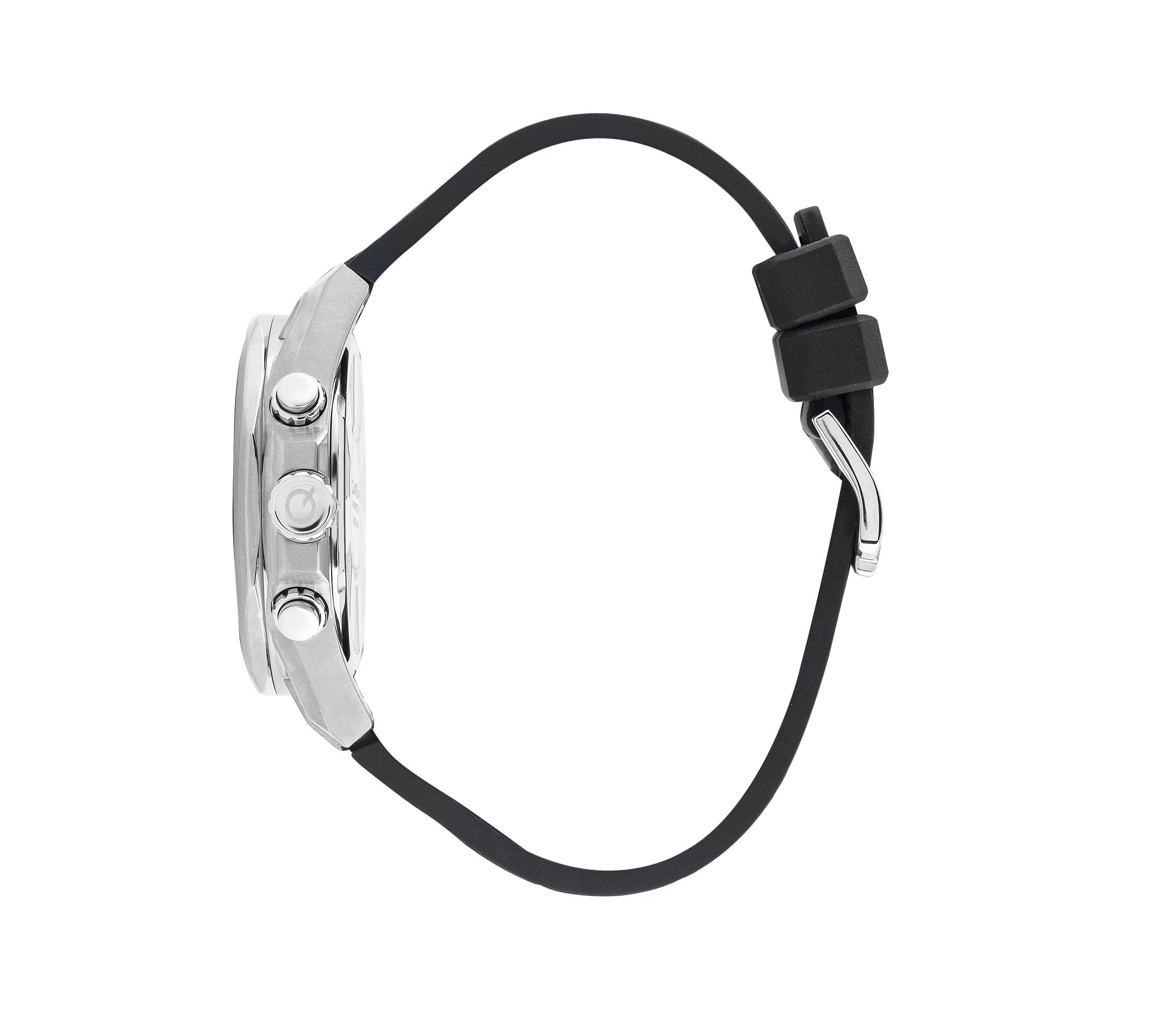 Quantum Powertech chronograph watch side view showing silver case and black leather strap