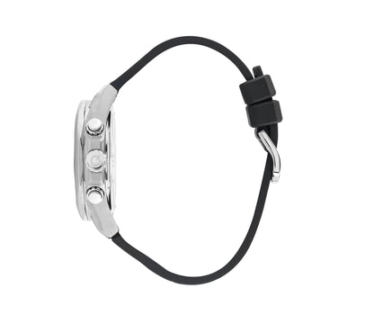 Quantum Powertech chronograph watch side view showing silver case and black leather strap
