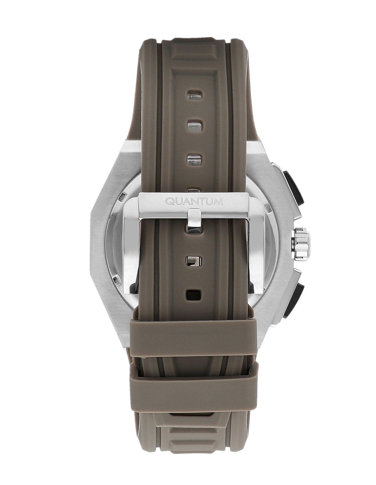 Caseback view of Quantum multifunction watch showing beige strap and case construction