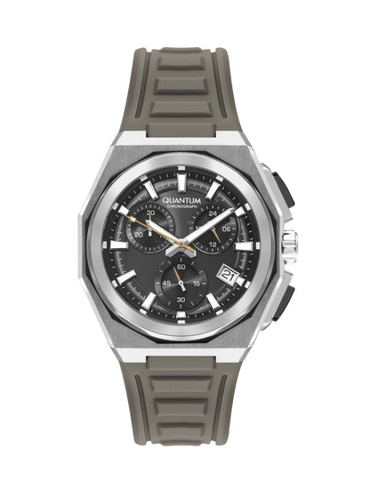 Quantum multifunction chronograph watch with black dial, silver case, and beige silicone strap