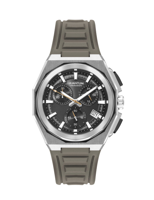 Quantum multifunction chronograph watch with black dial, silver case, and beige silicone strap