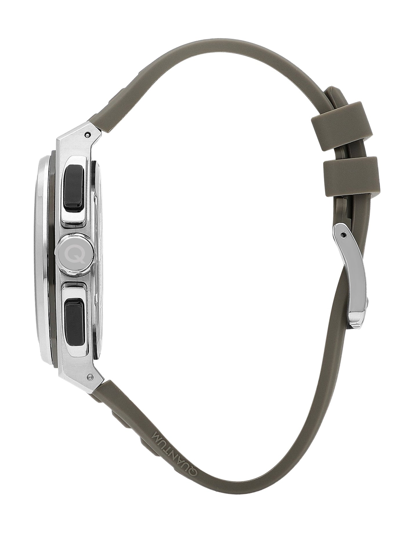 Side profile of Quantum watch showing beige silicone strap and silver case thickness