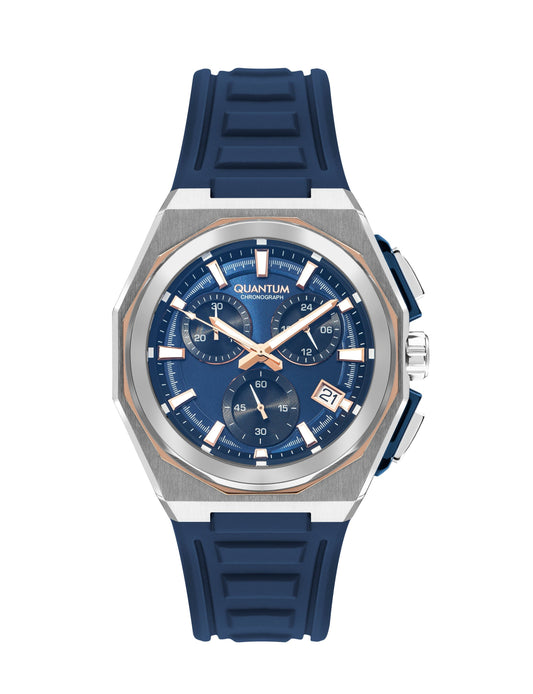 Quantum PWG1078 navy multifunction chronograph watch with blue dial and silver case